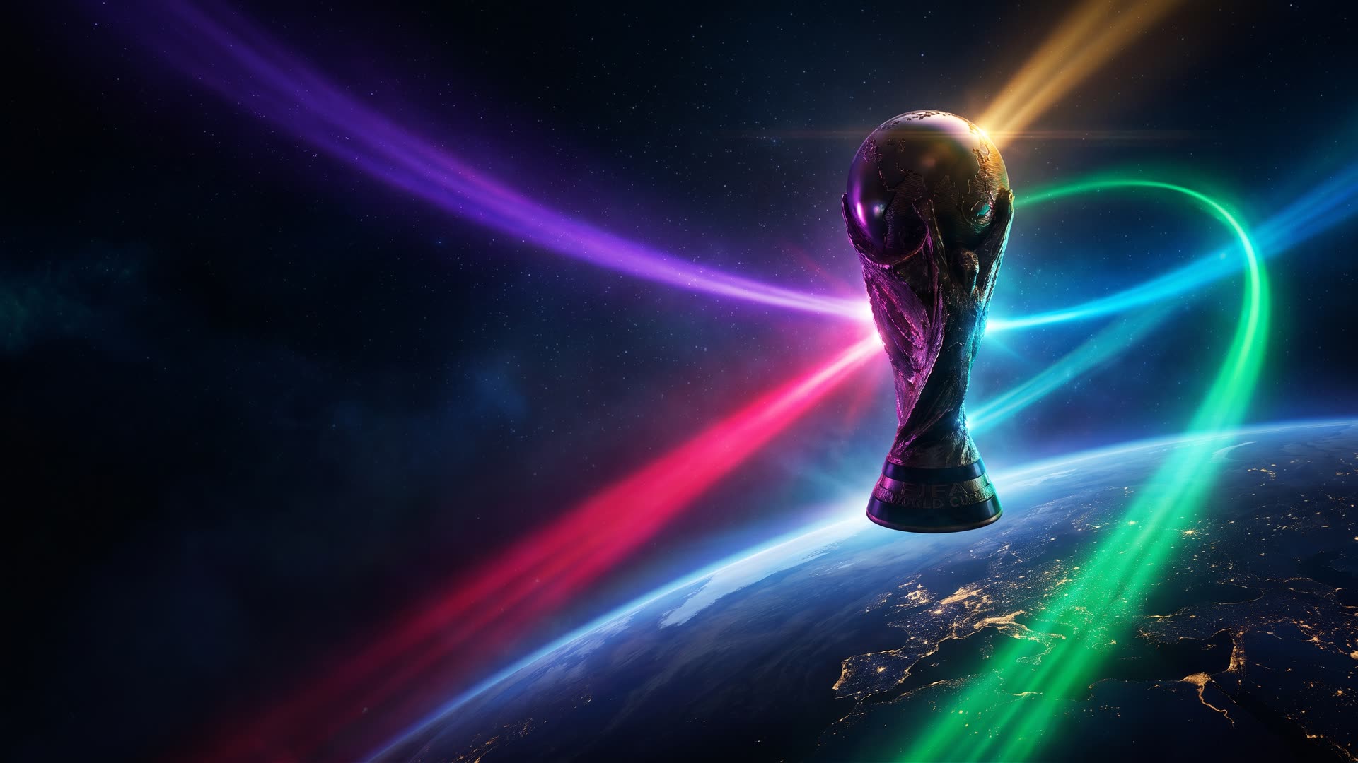 La copa del mundo flotando sobre la Tierra con luces de colores