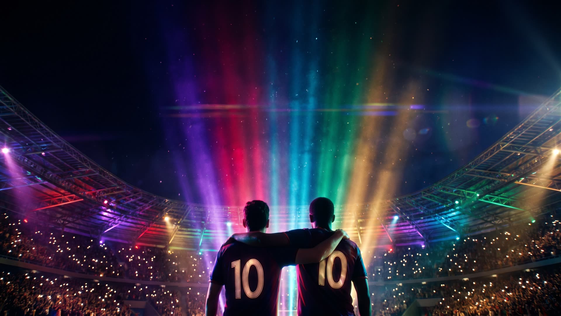 Dos amigos abrazados viendo el estadio iluminado