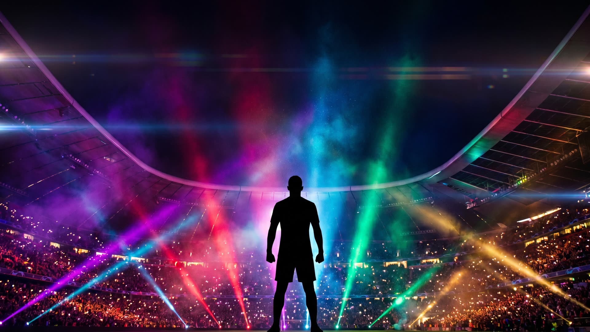 Silueta de una persona frente al estadio explotando en colores